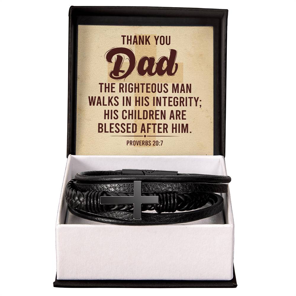 Proverbs 20:7 - Leather Cross Bracelet